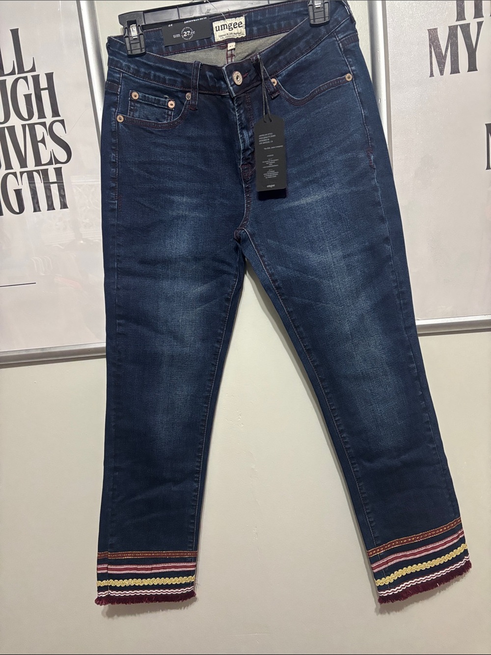 Umgee Dark Indigo Cropped Jeans with Multicolor Trim